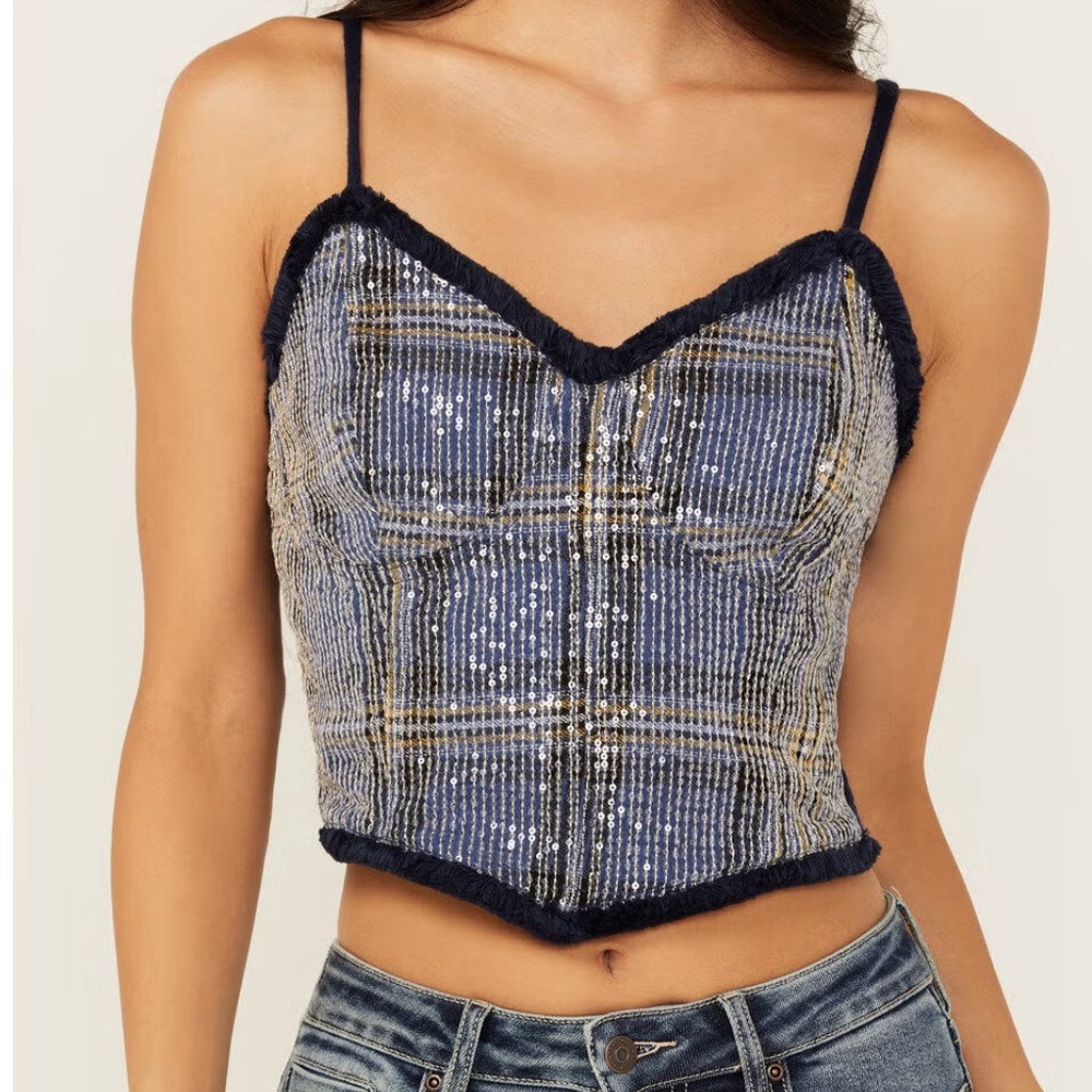 MISS ME WOMEN'S SEQUINS PLAID PRINT TANK